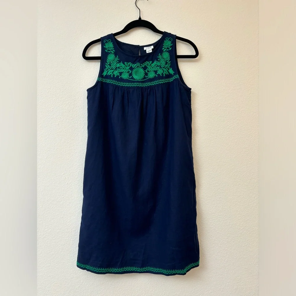 J Crew linen embroidered shift‎ dress, navy and green, with pockets XS, bohemian